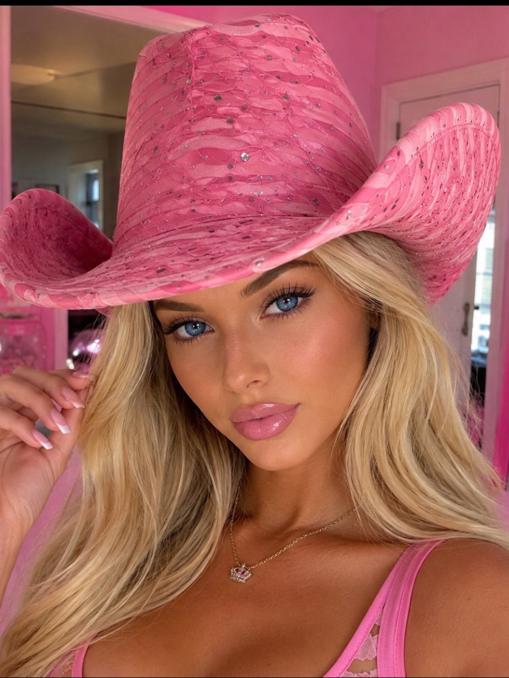 Pink Barbie like western cowgirl hat with sequins
Cap
